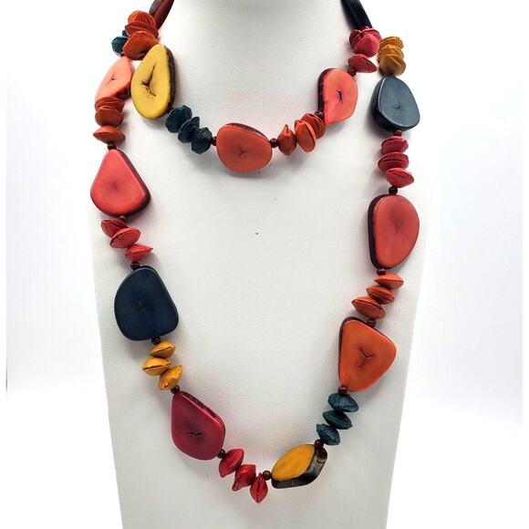 Fruit Pit Tropical Necklace Blue Orange Red Colorful Genuine Nut Wood Seed 1970s - Picture 1 of 8